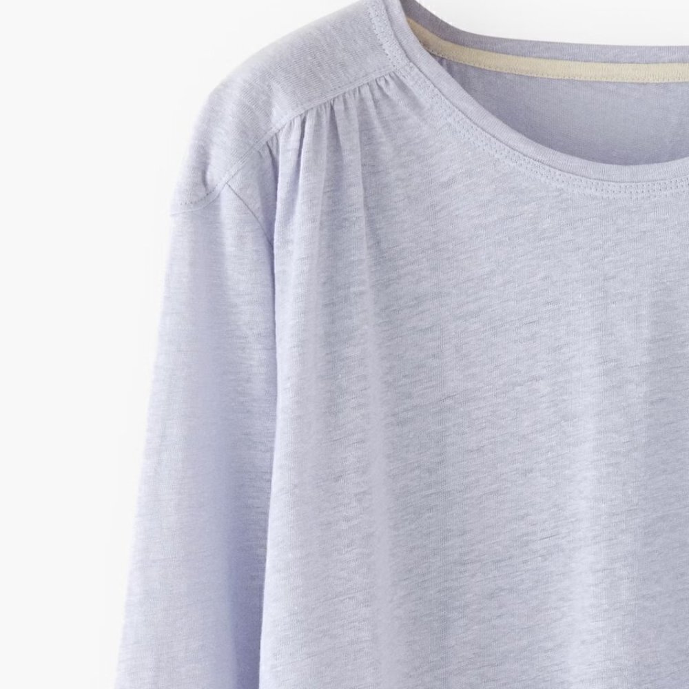 Wrap London 100% Linen Gathered Shoulder Three-Quarter Sleeve Lilac Tee Size 14 - Picture 2 of 8